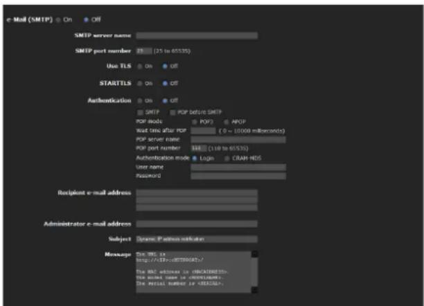 e-Mail (SMTP) On Off SMTP server name SMTP port number 45 (25 to 65535) Use TLS On Off STARTTLS On Off Authentication On Off SMTP POP before SMTP POP mode POPs APOP Wait time after POP (0 ~ 10000 milliseconds) POP server name POP port number $48 (110 to 65535) Authentication mode Login CRAH HDS User name Password Recipient e-mail address Administrator e-mail address Subject Generic Platform address Message The PDF ID: http://CF->GETS00073/ The PDF addresses in CIRCAI000150; the local name in CIRCAI000967; The serial number in CIRCAI00150; The serial number in CIRCAI00150;