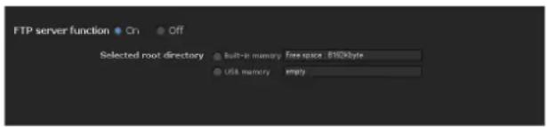FTP server function On Off Selected root directory Built-in memory Free space - B100Style USB memory Apply