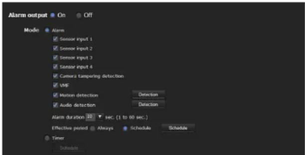 Alarm output On Off Mode Alarm Sensor input 1 Sensor input 2 Sensor input 3 Sensor input 4 Camera tampering detection VMS Motion detection Audio detection Detection Detection Alarm duration 10 sec (1 to 60 sec.) Effective period Always Schedule Schedule Timer Schedule