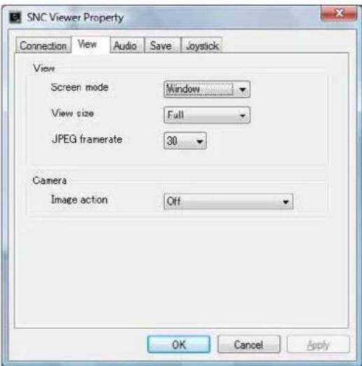 SNC Viewer Property Connection View Audio Save Joystick View Screen mode Window View size Full JPEG framerate 30 Camera Image action Off OK Cancel Apply