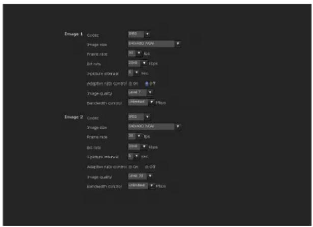 Image 1 Code: 900 Image size: 540-640 (VDA) Frame rate: 81 fps Bit rate: 25Hz Lbps 3-picture interval: 0 sec. Adoption rate control On OT Image quality Level 7 Bandwidth control Interval Pbps Image 2 Code: 900 Image size: 540-640 (VDA) Frame rate: 36 fps Bit rate: 25Hz Lbps 1-picture interval: 0 sec. Adaptive rate control On OT Image quality Level 10 Bandwidth control Left Acc PBLG