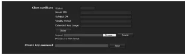 Client certificate Status Issuer ON Subject ON Validity Period Extended Key Usage Delete Import: Remove Submit RECSLE ID or USB format Private key password Reset