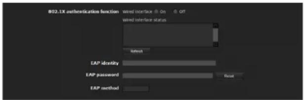 802.1X authentication function Wired Interface On Off Wired Interface status Reset EAP identity EAP password Reset EAP method