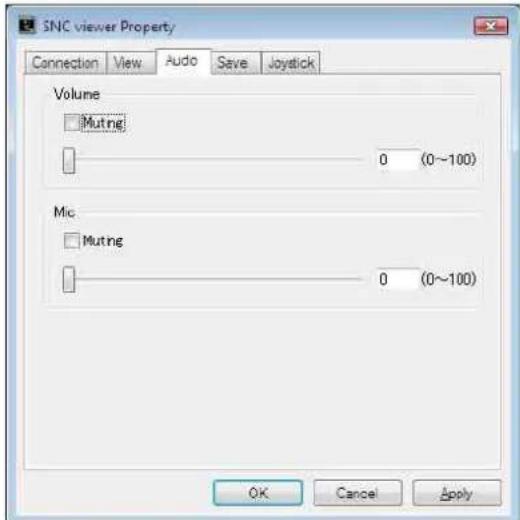 SNC viewer Property Connection View Audio Save Joystick Volume □ Muting 0 (0~100) Mic □ Muting 0 (0~100) OK Cancel Apply