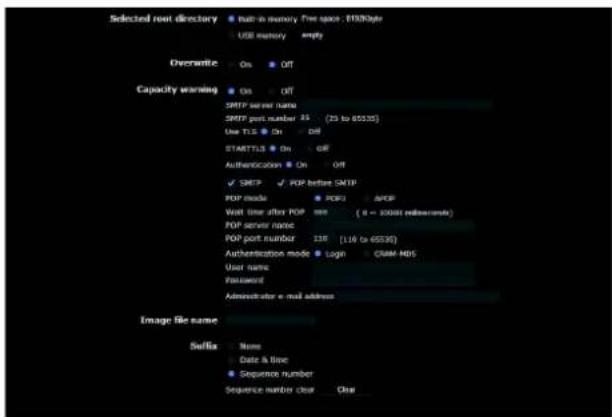 Selected next directory ● Null-in memory Free space: PS30Style ● USB memory empty Overdrive ● On ● Off Capacity warning ● On ● Off SMTP server name SMTP post number 25 (25 to 65335) Use TLS ● On ● Off STARTTLS ● On ● Off Authentication ● On ● Off ✓ SMTP ✓ POP before SMTP POP mode ● POPs ○APOP Wait time after POP min (e = 20001 milliseconds) POP server name POP port number 23E (110 to 65335) Authentication mode ● Logn CRAN-HNS User name Password Administrator e-mail address Image File name Suffix: ● None ● Date & line ● Sequence number Sequence number clear ● Chw