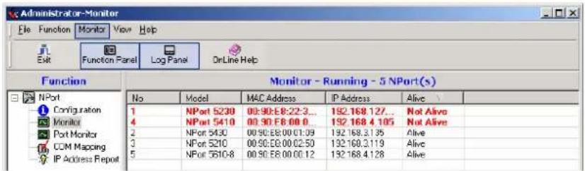 Administrator-Monitor File Function Monitor View Help Exit Function Panel Log Panel OnLine Help Function Monitor - Running - 5 NPort(s) No Model MAC Address IP Address Alive 1 NPort 5230 00:90:E8:22:3... 192.168.127... Not Alive 4 NPort 5410 00:90:E8:00:0... 192.168.4.105 Not Alive 2 NPort 5430 00:90:E8:00:01:09 192.168.3.135 Alive 3 NPort 5210 00:90:E8:00:02:50 192.168.3.119 Alive 5 NPort 5610-8 00:90:E8:00:00:12 192.168.4.128 Alive Configuration Monitor Port Monitor COM Mapping IP Address Report