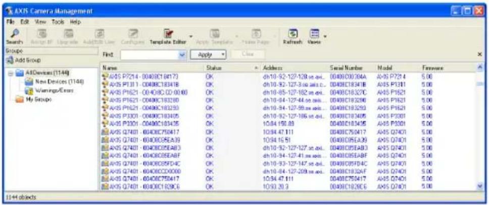 AXIS Camera Management File Edit View Tools Help Search Assign # Upgrade Add/USB Line Configur Template Editor Acptv Template - New Page Refresh Views Groupe Add Group First Apply Close Add Name Status Address Serial Number Model Feedback A/OS P7214 - 0040BC18417 OK dh10-92-127-128 st. del... 0040C03030A A/OS P7214 5.00 A/OS P1311 - 0040BC183418 OK dh10-92-127-360 st. del... 0040C18341B A/OS P1311 5.00 A/OS P1621 - 0040BC CD 00 00 OK dh10-85-127-182 st. del... 0040C18327C A/OS P1621 5.00 A/OS P1621 - 0040BC183280 OK dh10-94-127-44 st. del... 0040C183280 A/OS P1621 5.00 A/OS P1621 - 0040BC183293 OK dh10-94-127-99 st. del... 0040C183293 A/OS P1621 5.00 A/OS P3301 - 0040BC183405 OK dh10-92-127-186 st. del... 0040C183405 A/OS P3301 5.00 A/OS P3301 - 0040BC183435 OK 10:04:156.83 0040C183435 A/OS P3301 5.00 A/OS Q7401 - 6040BC756417 OK 10:94:47.111 0040C756417 A/OS Q7401 5.00 A/OS Q7401 - 6040BC85EA39 OK 10:94:16.51 0040C85EA39 A/OS Q7401 5.00 A/OS Q7401 - 6040BC85EA83 OK dh10-92-127-127 st. del... 0040C85EA83 A/OS Q7401 5.00 A/OS Q7401 - 6040BC85EA8F OK dh10-94-127-41 st. del... 0040C85EA8F A/OS Q7401 5.00 A/OS Q7401 - 6040BC85FD4C OK dh10-93-127-147 st. del... 0040C85FD4C A/OS Q7401 5.00 A/OS Q7401 - 6040BCCD9D6C OK dh10-84-127-259 st. del... 0040C1932AF A/OS Q7401 5.00 A/OS Q7401 - 6040BC75D4T OK 10:94:47.111 0040C75D4T A/OS Q74O I 5.00 A/OS Q7401 - 6040BC1829C6 OK 10:93:39.3 0049C1829C6 A/OS Q74O I 5.00 I+II objects