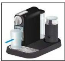 Product photo of a coffee maker with black and white branding (no visible text or symbols)