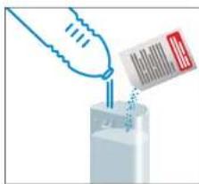 Illustration showing a hand pouring liquid into a container with a barcode label, likely illustrating a chemical or lab procedure.