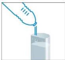 Simple line drawing of a hand pouring liquid into a container (no text or symbols)