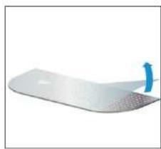 White ergonomic computer mouse with a blue arrow pointing to the side (no text or symbols visible)