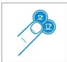 Simple line drawing of a finger pointing to two circular icons with cups (no text or symbols).