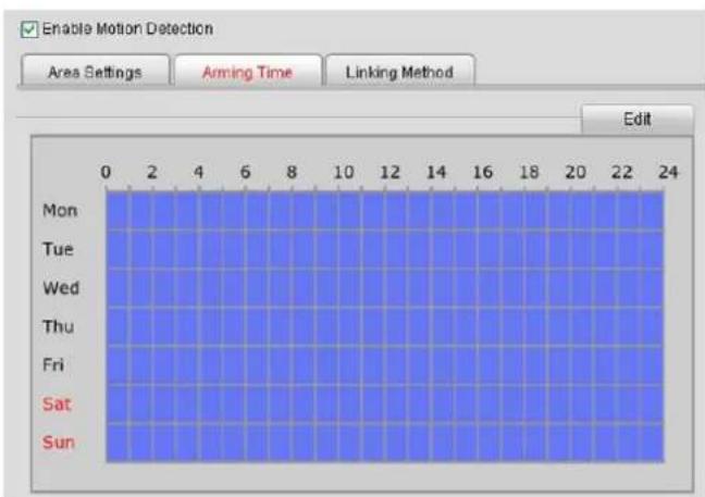Enable Motion Detection Area Settings Arming Time Linking Method Edit Mon Tue Wed Thu Fri Sat Sun