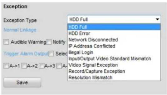 Exception Exception Type Normal Linkage Audible Warning Notify Trigger Alarm Output Select A->1 A->2 A->3 A- Save HDD Full HDD Full HDD Error Network Disconnected IP Address Conflicted Illegal Login Input/Output Video Standard Mismatch Video Signal Exception Record/Capture Exception Resolution Mismatch