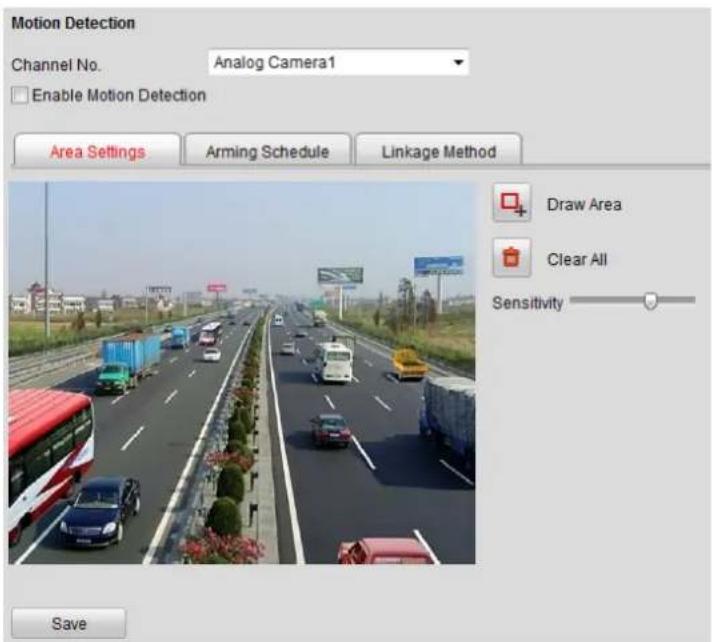 Motion Detection Channel No. Analog Camera1 Enable Motion Detection Area Settings Arming Schedule Linkage Method Draw Area Clear All Sensitivity Save