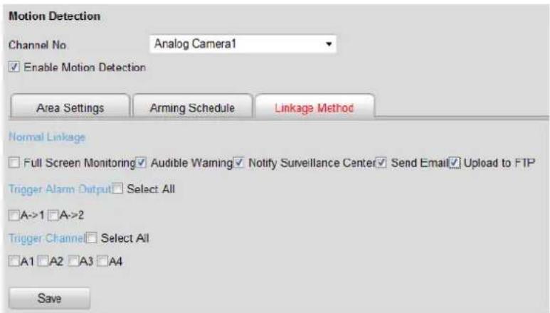 Motion Detection Channel No: Analog Camera1 Enable Motion Detection Area Settings Arming Schedule Linkage Method Normal Linkage Full Screen Monitoring Audible Warning Notify Surveillance Center Send Email Upload to FTP Trigger Alarm Output Select All A->1 A->2 Trigger Channel Select All A1 A2 A3 A4 Save