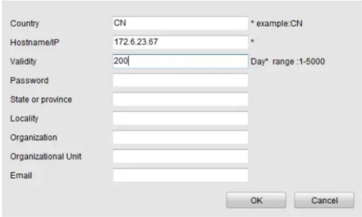 Country CN * example:CN Hostname/IP 172.6.23.67 * Validity 200 | Day* range :1-5000 Password State or province Locality Organization Organizational Unit Email OK Cancel
