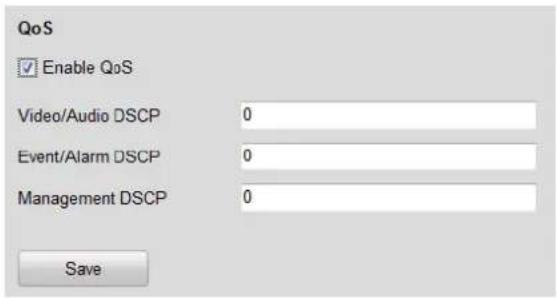 QoS ✓ Enable QoS Video/Audio DSCP 0 Event/Alarm DSCP 0 Management DSCP 0 Save