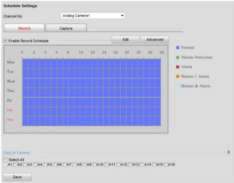Schedule Settings Channel No. Analog Camera1 Record Capture Enable Record Schedule Edit Advanced Mon Tue Wed Thu Fri Sat Sun Normal Motion Detection Alarm Motion | Alarm Motion & Alarm Copy to Camera Select All A1 A2 A3 A4 A5 A6 A7 A8 A9 A10 A11 A12 A13 A14 A15 A16 Save