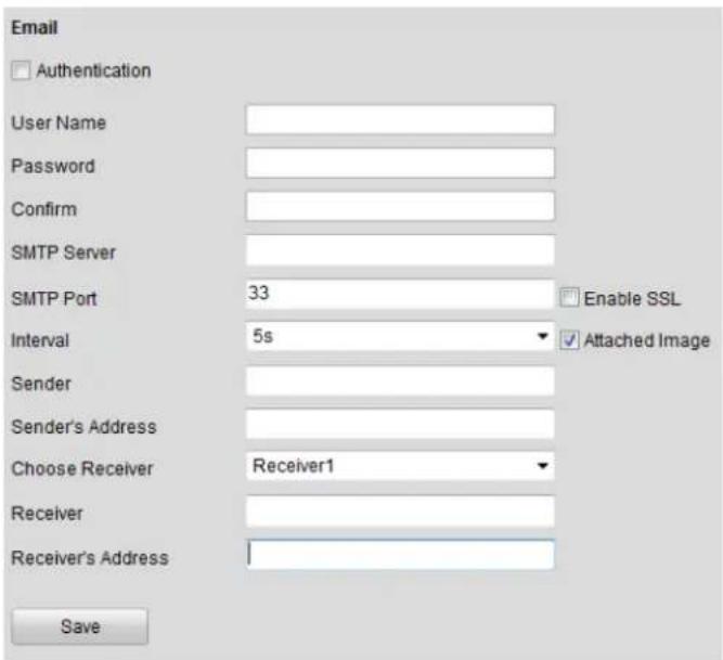 Email Authentication User Name Password Confirm SMTP Server SMTP Port 33 Enable SSL Interval 5s Attached Image Sender Sender's Address Choose Receiver Receiver1 Receiver Receiver's Address Save