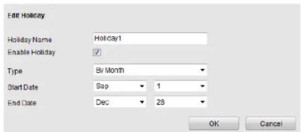 Edit Holiday Holiday Name Holiday1 Enable Holiday Type By Month Start Date Sep 1 End Date Dec 23 OK Cancel