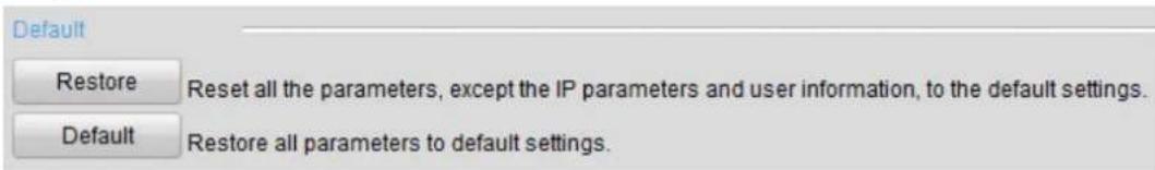 Default Restore Reset all the parameters, except the IP parameters and user information, to the default settings. Default Restore all parameters to default settings.