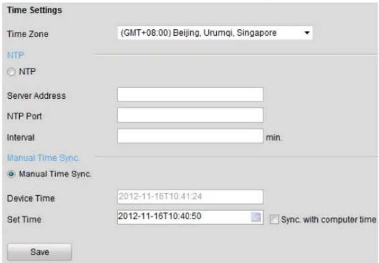 Time Settings Time Zone (GMT+08:00) Beijing, Urumqi, Singapore NTP ○ NTP Server Address NTP Port Interval min. Manual Time Sync ● Manual Time Sync. Device Time 2012-11-16T10:41:24 Set Time 2012-11-16T10:40:50 Sync. with computer time Save