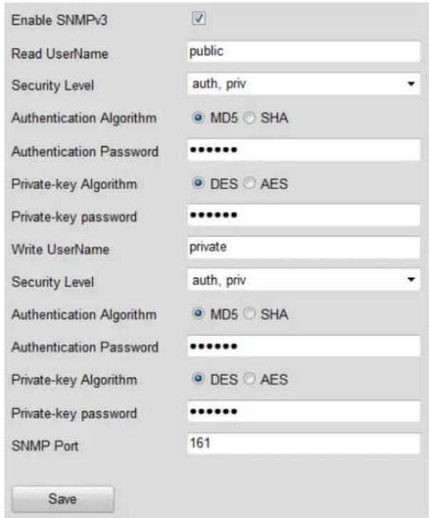 Enable SNMPv3 Read UserName public Security Level auth, priv Authentication Algorithm MD5 SHA Authentication Password ••••••• Private-key Algorithm DES AES Private-key password •••••••• Write UserName private Security Level auth, priv Authentication Algorithm MD5 SHA Authentication Password •••••••• Private-key Algorithm DES AES Private-key password •••••••• SNMP Port 161 Save