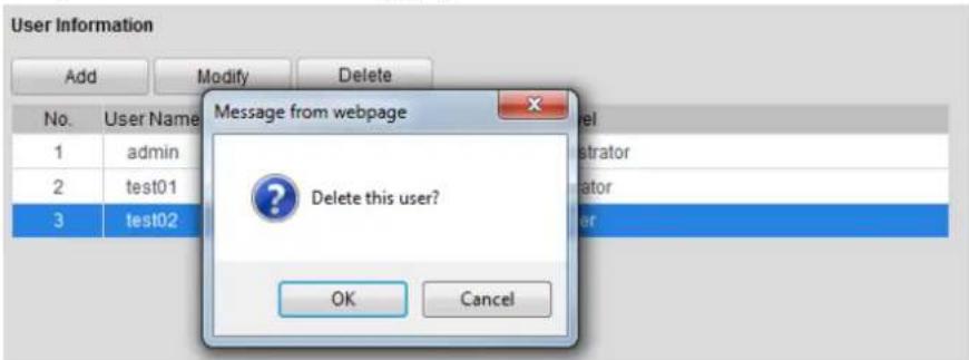 User Information Add Modify Delete No.User NameMessage from webpage 1 admin 2/test01 Delete this user? 3/test02 OK Cancel