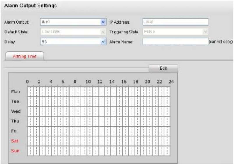 Alarm Output Settings Alarm Output: A->1 IP Address: Local Default State: LOW LEVEL Triggering State: Pulse Delay: 5s Alarm Name: (cannot copy) Arming Time Edit 0 2 4 6 8 10 12 14 16 18 20 22 24 Mon Tue Wed Thu Fri Sat Sun