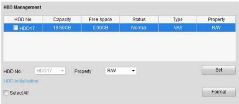 HDD Management HDD No. Capacity Free space Status Wayte Property □ HDD17 19.50GB 0.00GB Normal NAS R/W HDD No. HDD17 Property R/W Set HDD Initialization □ Select All Format