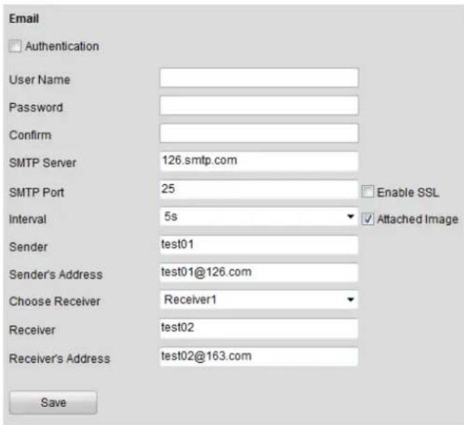 Email Authentication User Name Password Confirm SMTP Server 126.smtp.com SMTP Port 25 Enable SSL Interval 5s Attached Image Sender test01 Sender's Address test01@126.com Choose Receiver Receiver1 Receiver test02 Receiver's Address test02@163.com Save