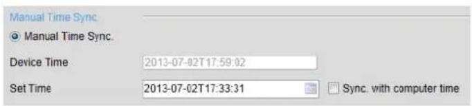 Manual Time Sync. ● Manual Time Sync. Device Time 2013-07-02T17:59:02 Set Time 2013-07-02T17:33:31 Sync. with computer time