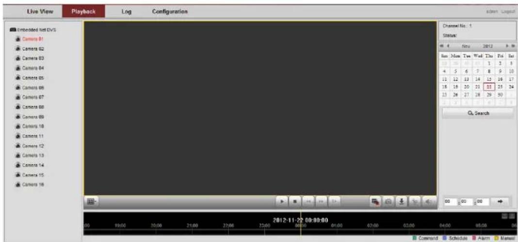 Live View Playback Log Configuration Imbeckled Net CVS Camera 01 Camera 02 Camera 03 Camera 04 Camera 05 Camera 06 Camera 07 Camera 08 Camera 09 Camera 10 Camera 11 Camera 12 Camera 13 Camera 14 Camera 15 Camera 16 Channel No. 1 Status: 4 Nov 2012 Run Mon Two Wed Thu Fri Sat 4 5 6 7 8 9 10 11 12 13 14 15 16 17 18 19 20 21 22 23 24 23 26 27 28 29 30 Search 00 00 00 2012-11-22 00:00:00 Command Schedule Alarm Manual