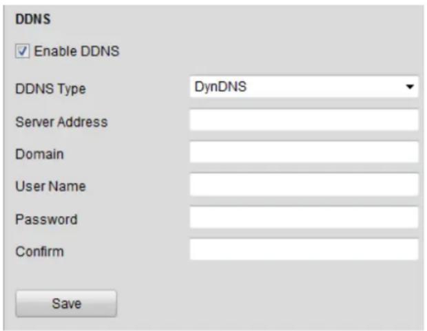 DDNS ✓ Enable DDNS DDNS Type DynDNS Server Address Domain User Name Password Confirm Save