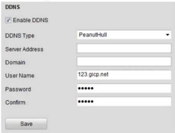 DDNS Enable DDNS DDNS Type PeanutHull Server Address Domain User Name 123.gicp.net Password Confirm Save