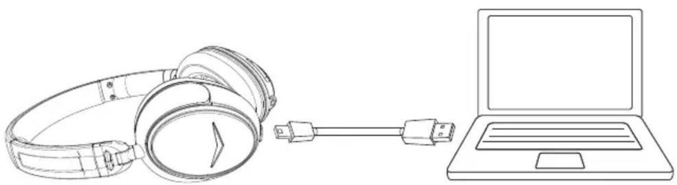 Line drawing of headphones connected to a laptop via USB cable (no text or symbols)