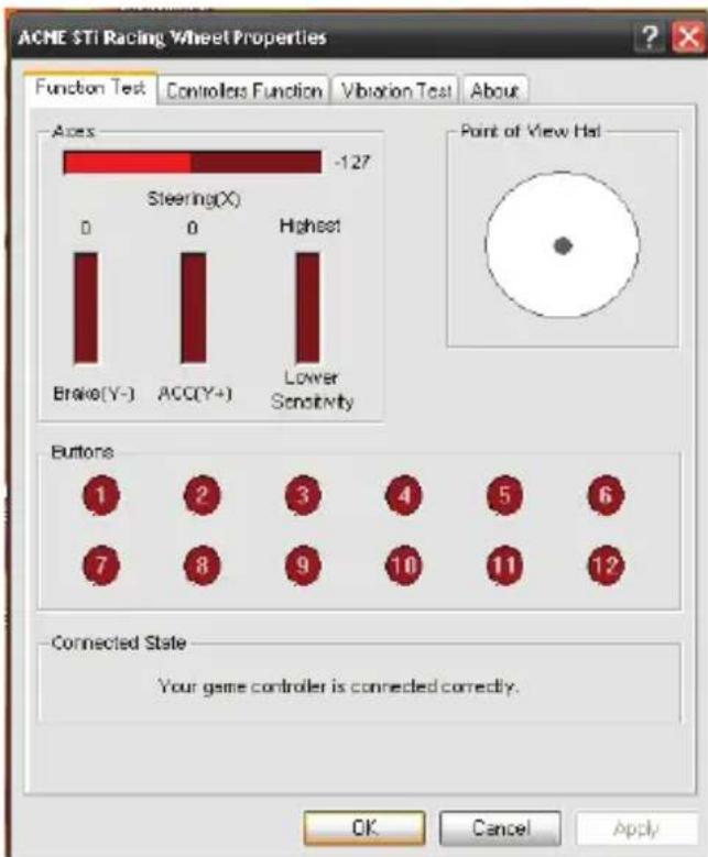 ACME STi Racing Wheel Properties Function Test Controllers Function Vibration Test About Aces -127 Steering(X) 0 0 Highest Brake(Y-) ACC(Y+) Lower Sensitivity Point of View Hat Buttons 1 2 3 4 5 6 7 8 9 10 11 12 Connected State Your game controller is connected correctly. OK Cancel Apply