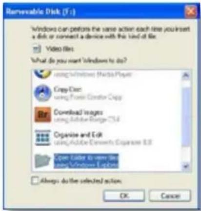 Removable Disk (F:) Windows can perform the same action each time you insert a disk or connect a device with this used file. Video files What do you want Windows to do? using Windows (Mamba Player) Copy-Direct using Power Conductor Corp Download Images using Adobe Range-3.6 Organize and Edit using Adobe Elements Expansion 8.8 Open Folder to view the using Windows Explorer Always do the selected action OK Cancel