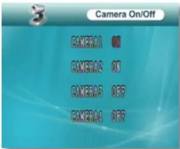Camera On/Off CAMERA1 ON CAMERA2 ON CAMERA3 OFF CAMERA4 OFF