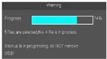 Warning Progress 74% 5 files are selected, No. 4 file is in process Backup is in progressing, do NOT remove USB!