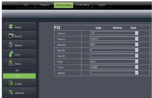 Use Playback Remote Setting Local Setting Layout Display Record Network Alarm Device Stop PTZ System Advanced PTZ Copy Refresh Save Channel Call Product Taco 0 Database 9000 Data Bit 8 Step Bit 1 Party Base Custom Scale Address 1