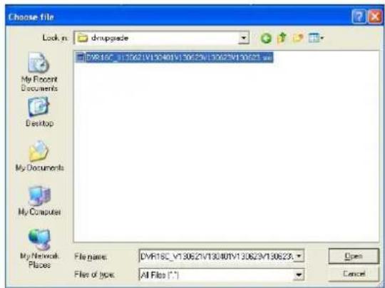 Choose file Look in: druppade My Recent Documents Desktop My Documents My Computer My Network Places File name: DVR18C_V13062V13040V13062V13062V130623 File of type: All Files (*.*) Open Cancel
