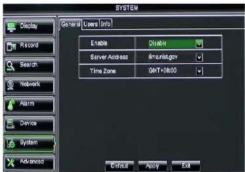 SYSTEM General Users Info Enable Disable Server Address kmunist.gov Time Zone GMT+08:00 Default Apply Exit