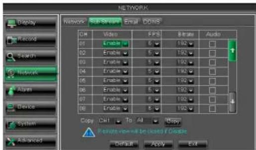 NETWORK Display Record Search Network Alarm Device System Advanced Network SubStream Email DONS CP Video FPS Rate Audio 01 Enable 6 192 □ 02 Enable 5 192 □ 03 Enable 5 192 □ 04 Enable 5 192 □ 05 Enable 6 192 □ 06 Enable 6 192 □ 07 Enable 6 192 □ 08 Enable 6 192 □ Copy CH To All Modify Remote screen…