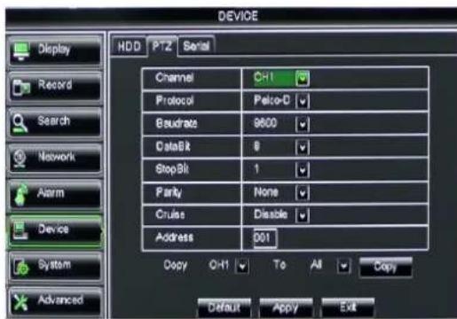 DEVICE Display Record Search Network Alarm Device System Advanced HDD P1Z Serial Channel O-H1 Protocol Pelco-D Baudrate 9600 DataBit 8 StopBit 1 Parity None Cruis Disable Address 001 Copy O-H1 To All Copy Default Apply Exit
