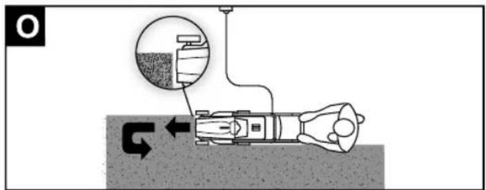 Diagram illustrating a mechanical or fluid system with labeled components and directional arrows, including a magnified inset showing a textured surface.