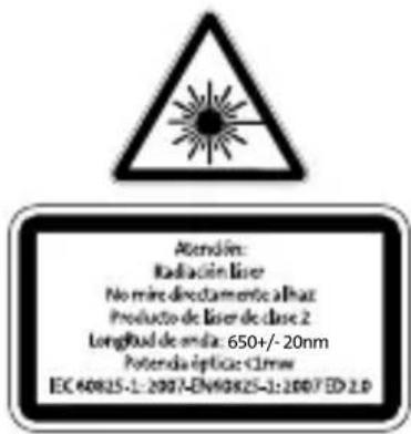 Atendín: Radiación laser No mire directamente al haz Producto de laser de clase 2 Longitud de emía: 650+/- 20nm Potencia éptica <1mm EC 40825-1: 2007-EN90825-3:2007 ED 2.0