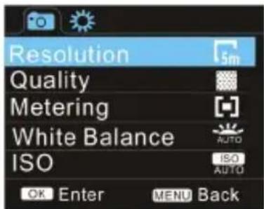 Resolution Quality Metering White Balance ISO ISO AUTO OK Enter MENU Back