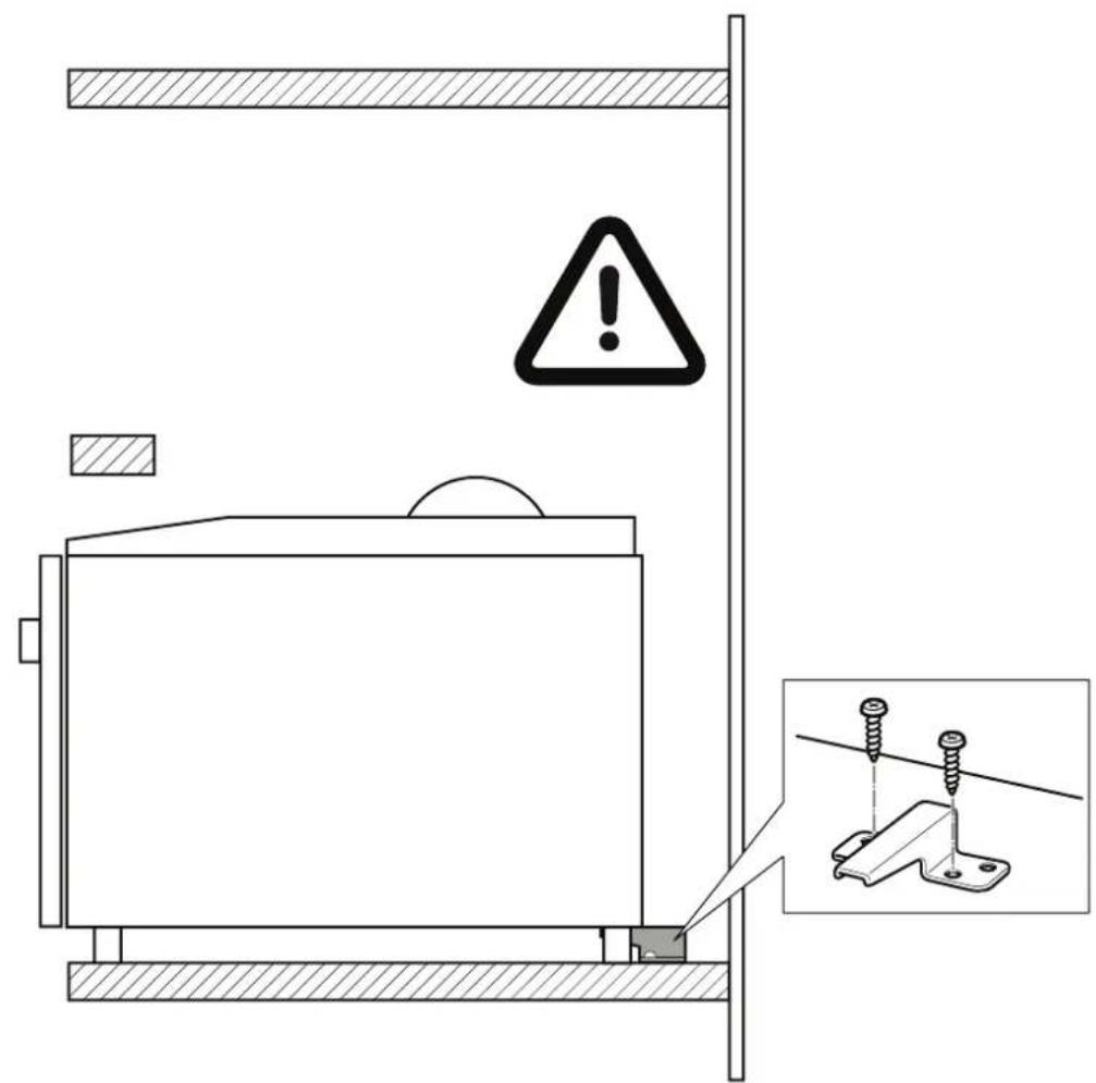 Schéma technique montrant un assemblage mécanique avec un symbole d'avertissement et un encart en gros plan du détail de fixation d'un support.